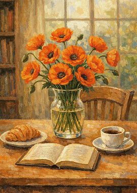 Poppy Flowers, Coffee Cup and Book Poster