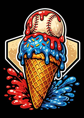 Baseball Ice Cream Poster, Sports Dessert Art, Fun Summer Wall Print