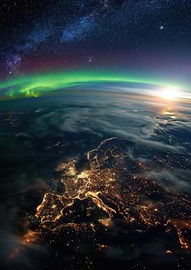 Earth from Space with Aurora and Stars