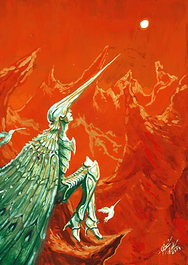 Hummingbird Knight in Orange Mountain Landscape