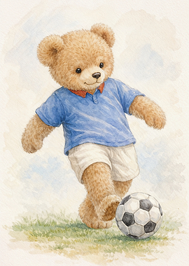 Vintage Teddy Bear Playing Soccer Nursery Poster