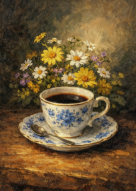 Vintage Coffee Cup and Flowers Poster