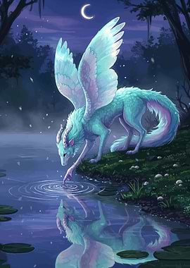Mythical Creature Touching Water Under Moonlight