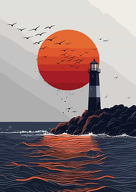 Lighthouse at Sunset with Birds