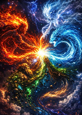 Elemental Battle of Fire, Water, Earth, and Air