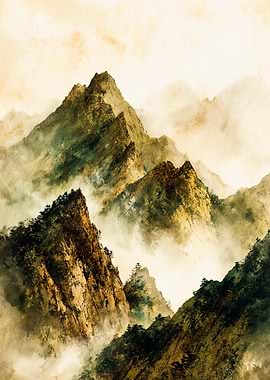 Misty Mountain Peaks Watercolor Painting