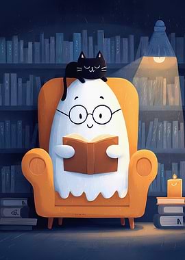 Ghost reading a book with a Back Cat