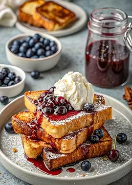 Stack of French Toast with Berries and Cream