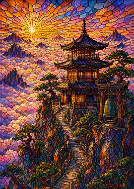 Stained Glass Pagoda Above Clouds