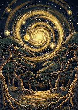 Enchanted Forest Under a Cosmic Swirl