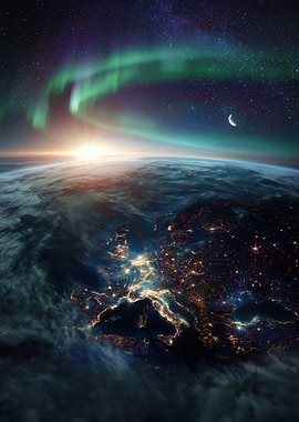 Earth from Space with Aurora and Moon