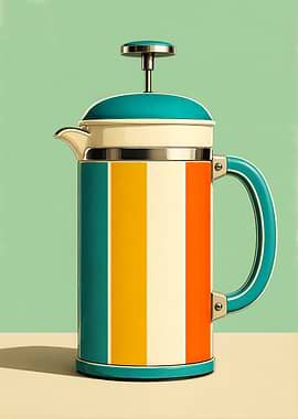 Mid-Century Modern French Press Poster — Retro Coffee Maker Kitchen Wall Art in Teal Orange & Cream