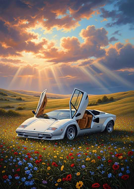White Lamborghini in a Field of Flowers