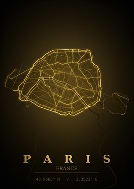Paris Gold City Map — France Night Travel Poster