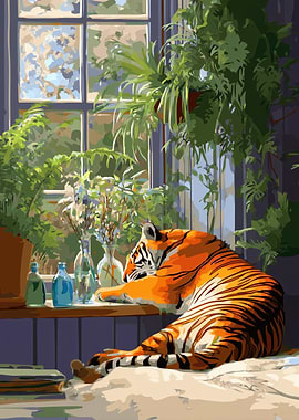 Tiger Resting by a Window with Plants