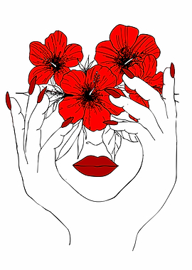 Woman's Face Hidden by Red Flowers and Hands
