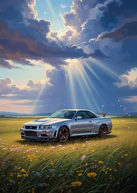 Silver Nissan Skyline R34 in a Field