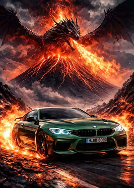 Dragon and Car in Fiery Landscape