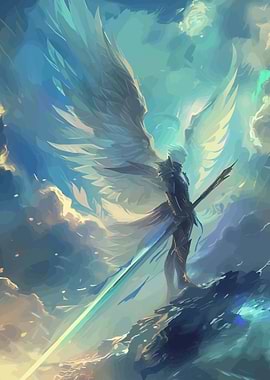 Angel Warrior with Sword in Clouds