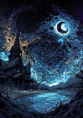 Haunted House Under a Swirling Night Sky