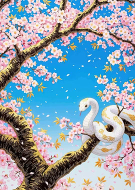 White Snake in Cherry Blossoms