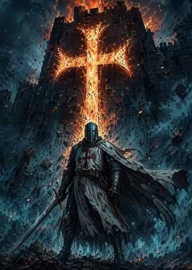 Knight in front of burning castle