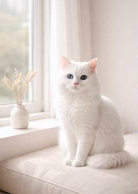 White cat with blue eyes by the window