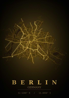 Berlin Gold City Map — Germany Night Travel Poster