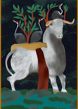 White Bull with Cranes and Trees