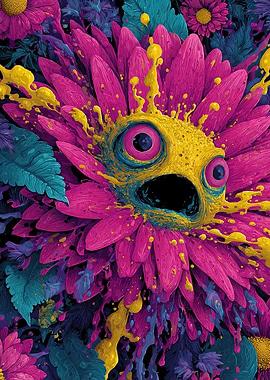 Surreal Flower with Eyes and Mouth