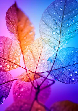 Dewdrops on colorful translucent leaves