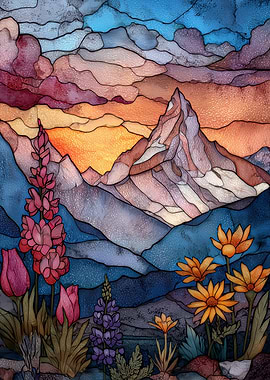 Stained Glass Mountain Landscape with Flowers