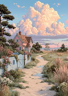 Pastel Cottage with Flowery Fence