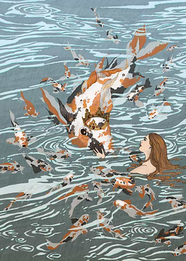 Mythical Creature and Woman in Koi Pond