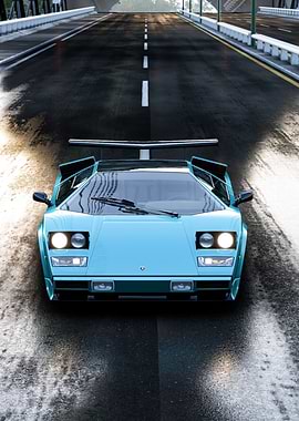 Turquoise Lamborghini Countach on Wet Road