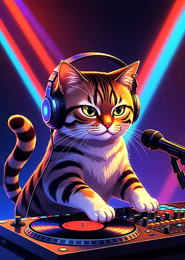 DJ Cat with Headphones and Turntable