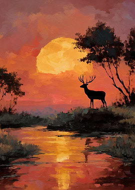 Deer at Sunset by the River