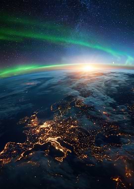 Earth from Space with Aurora and Sunrise