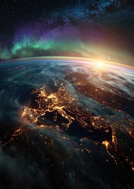 Earth from Space with Aurora and Sunrise
