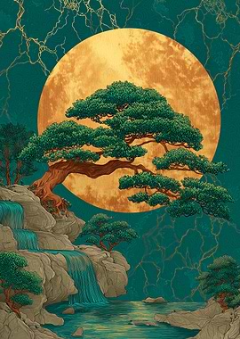Serene Japanese Landscape with Bonsai and Waterfall