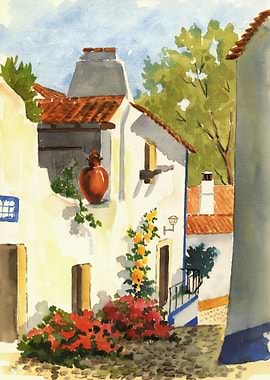 Watercolor painting of a Mediterranean street scene