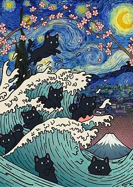 Cats Surfing Van Gogh's Starry Night Wave
