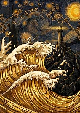 Starry Night Lighthouse and Waves