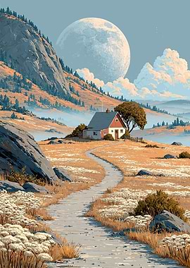 Serene Mountain Landscape with House and Moon