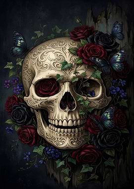 Gothic Skull with Roses and Butterflies