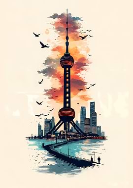 The Bund Shanghai Negative Space Skyline Minimal Travel Art