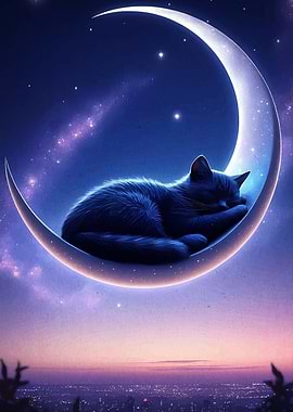 Cat Sleeping on Crescent Moon