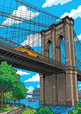 Brooklyn Bridge with Yellow Taxi