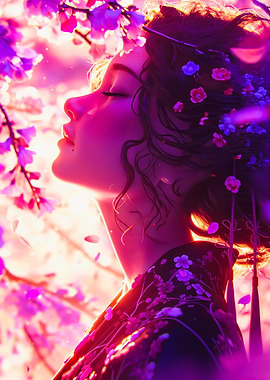 Woman Profile Among Cherry Blossoms