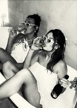 Two women drinking champagne in a bathtub
